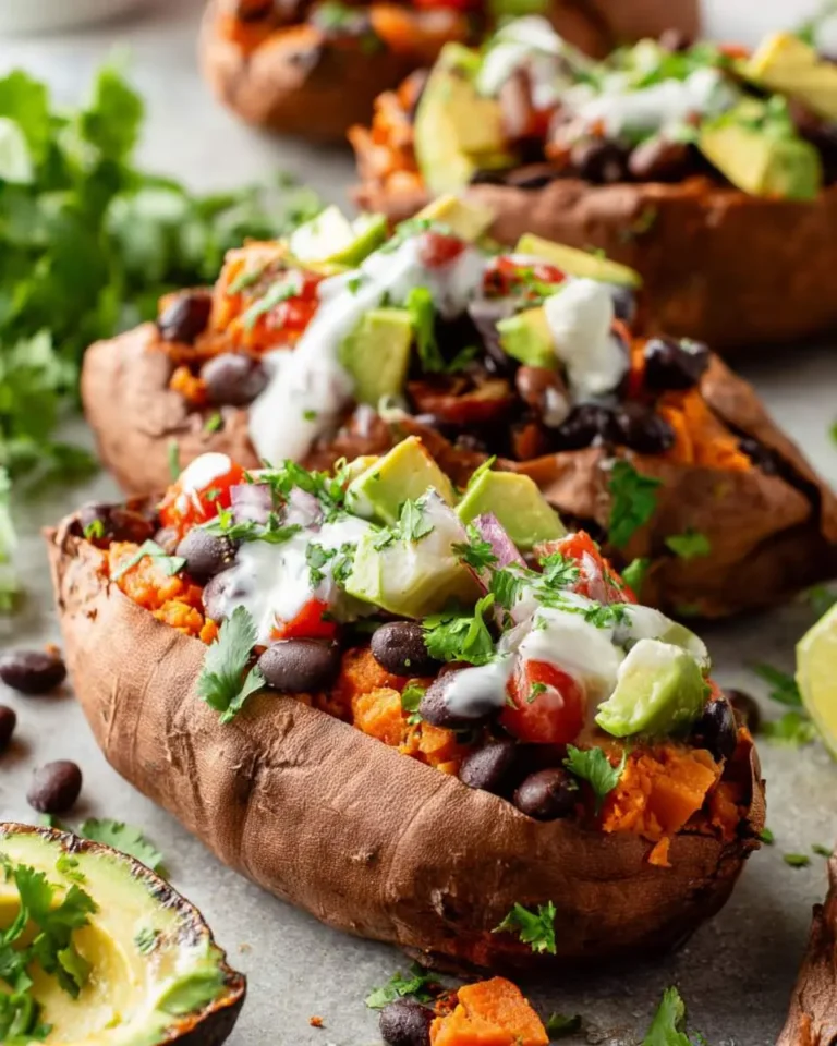 Three Black Bean Stuffed Sweet Potatoes, topped with avocado, a creamy sauce, and fresh cilantro, are displayed on a light surface.