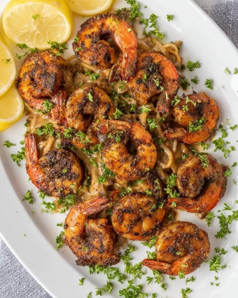 A white platter filled with perfectly cooked Blackened Shrimp Stroganoff, garnished with fresh parsley and lemon wedges.