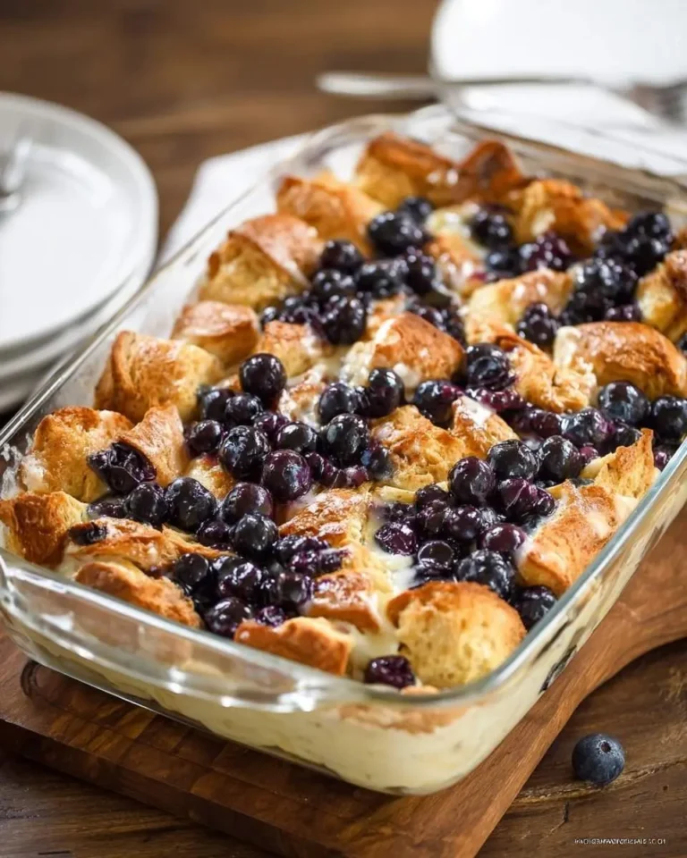 A freshly baked Blueberry Cream Cheese Croissant Casserole in a glass dish, rich with golden croissants and plump blueberries.