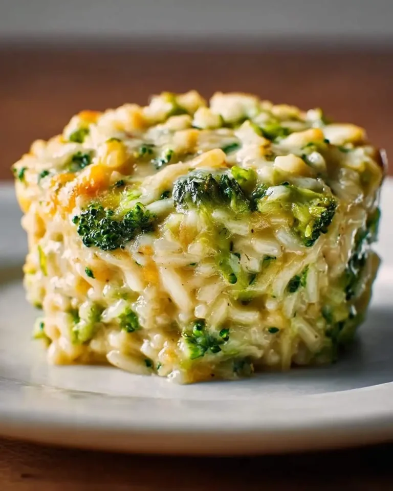 A close-up shot of a savory broccoli cheddar rice cup on a white plate, highlighting its creamy texture.