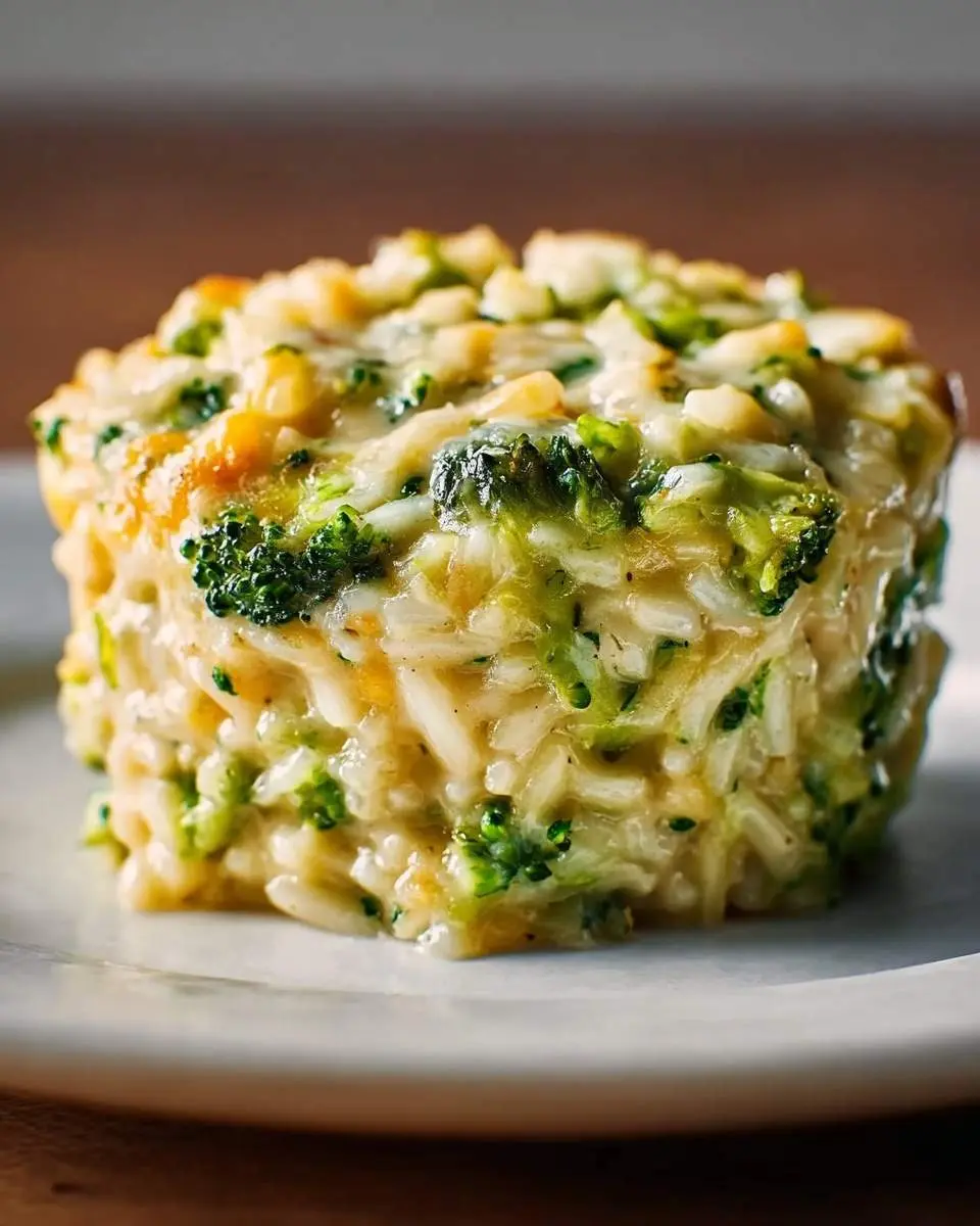 A close-up shot of a savory broccoli cheddar rice cup on a white plate, highlighting its creamy texture.