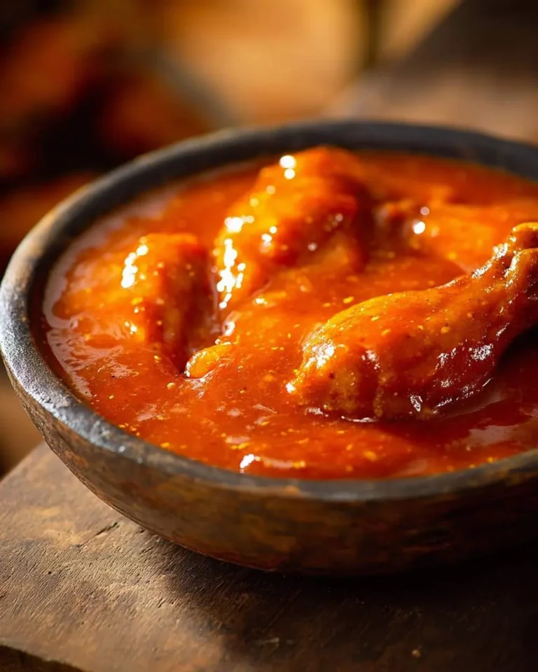 A close-up of a rustic bowl brimming with vibrant orange-red Buffalo Wing Sauce coating pieces of chicken, set on a wooden surface.