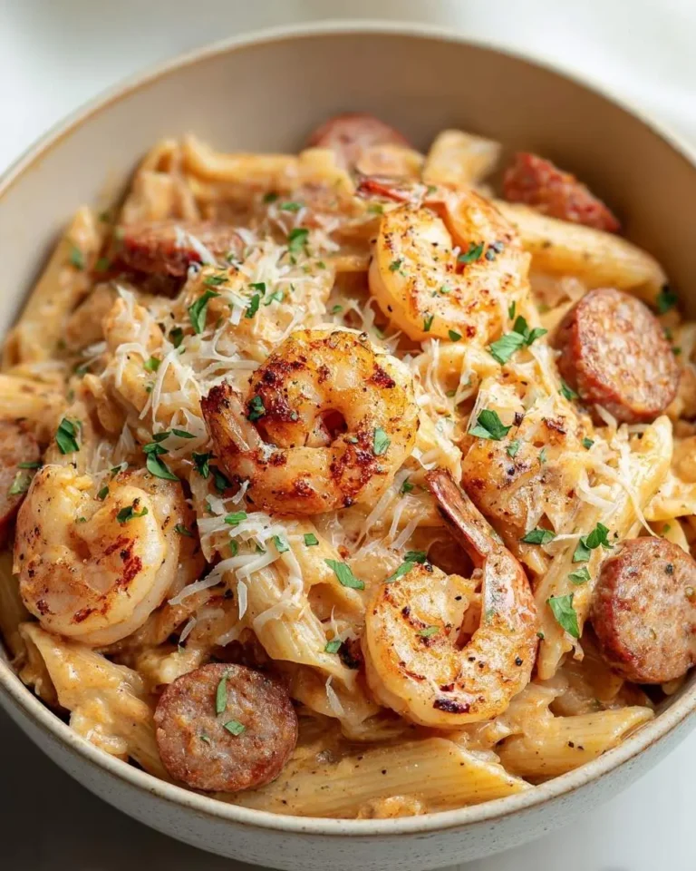 A close-up shot of a creamy Cajun Shrimp and Sausage Pasta dish in a bowl, garnished with fresh parsley and grated cheese.