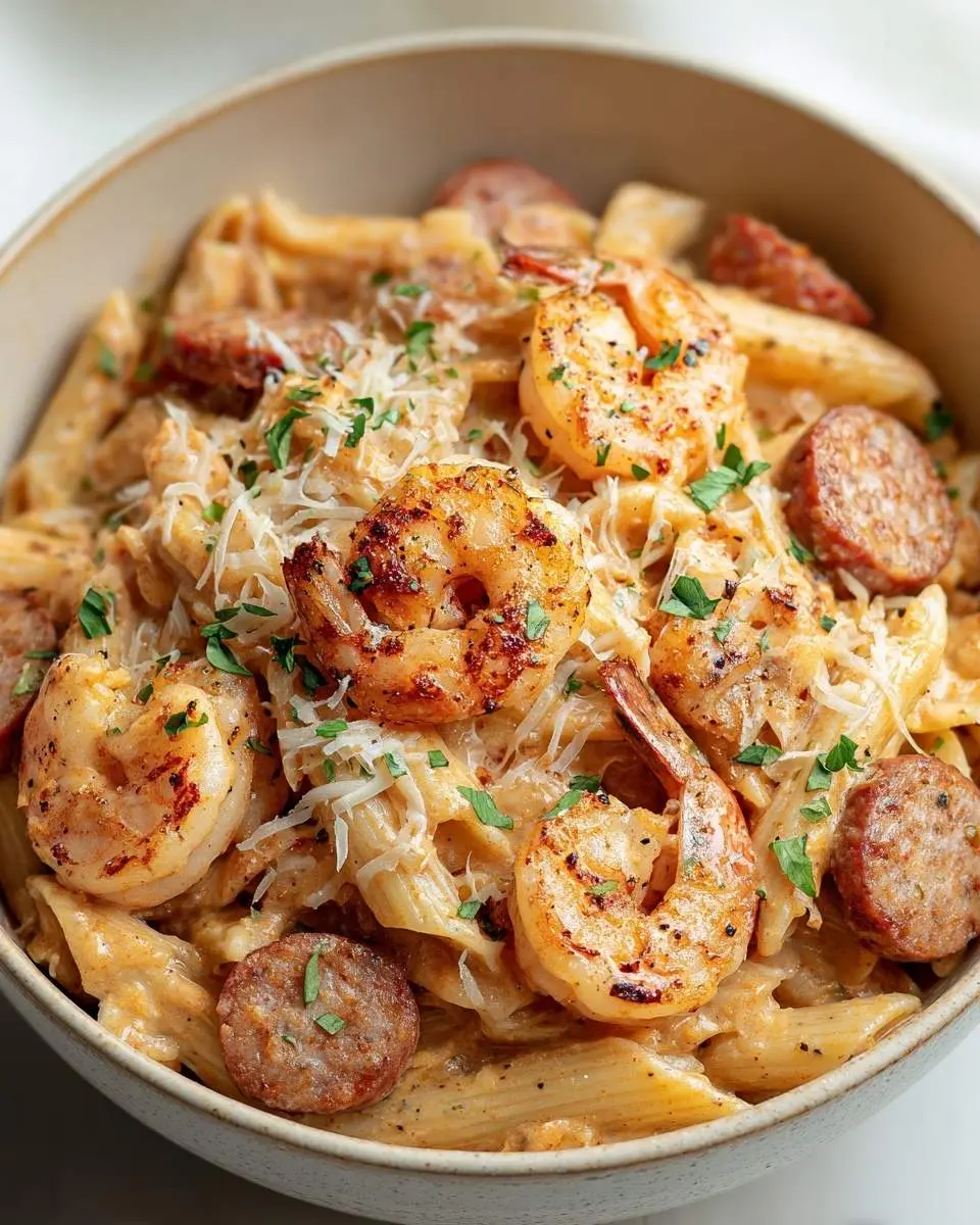 A close-up shot of a creamy Cajun Shrimp and Sausage Pasta dish in a bowl, garnished with fresh parsley and grated cheese.