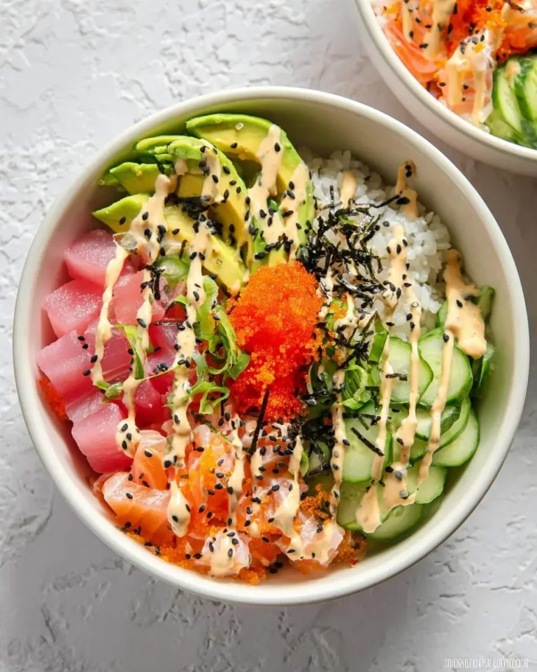 A colorful poke bowl, reminiscent of fresh California Sushi Bowls, overflowing with tuna, salmon, avocado, roe, and cucumber over rice.
