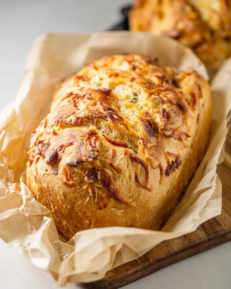 A close-up shot of a freshly baked, golden-brown loaf of Caramelized Onion Cheddar Bread with melted cheese and herbs.