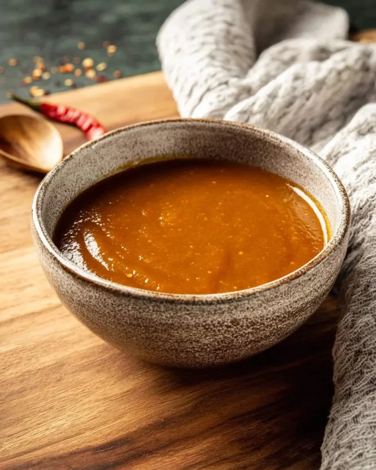 A rustic bowl of golden Carolina Gold BBQ Sauce is displayed on a wooden board, with a red chili and spoon nearby.