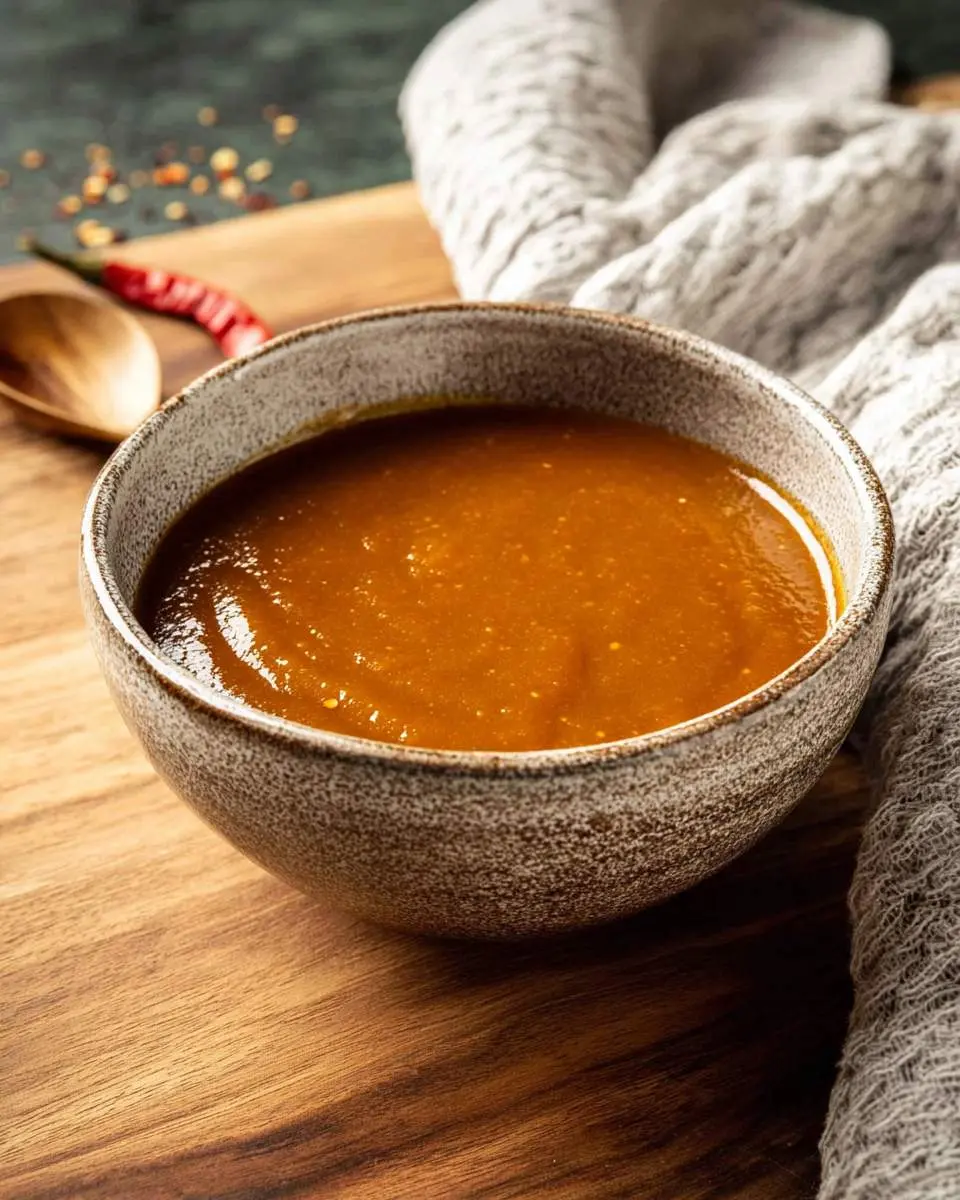 A rustic bowl of golden Carolina Gold BBQ Sauce is displayed on a wooden board, with a red chili and spoon nearby.