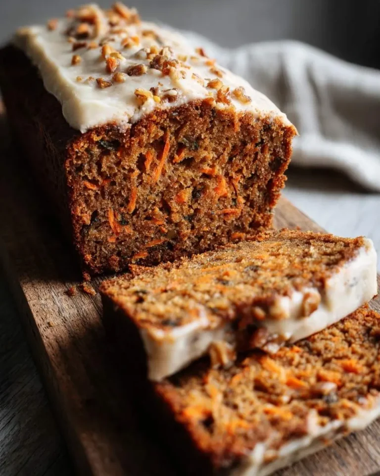 A rustic loaf of moist carrot bread topped with white cream cheese frosting and chopped walnuts, with two slices cut on a wooden board.