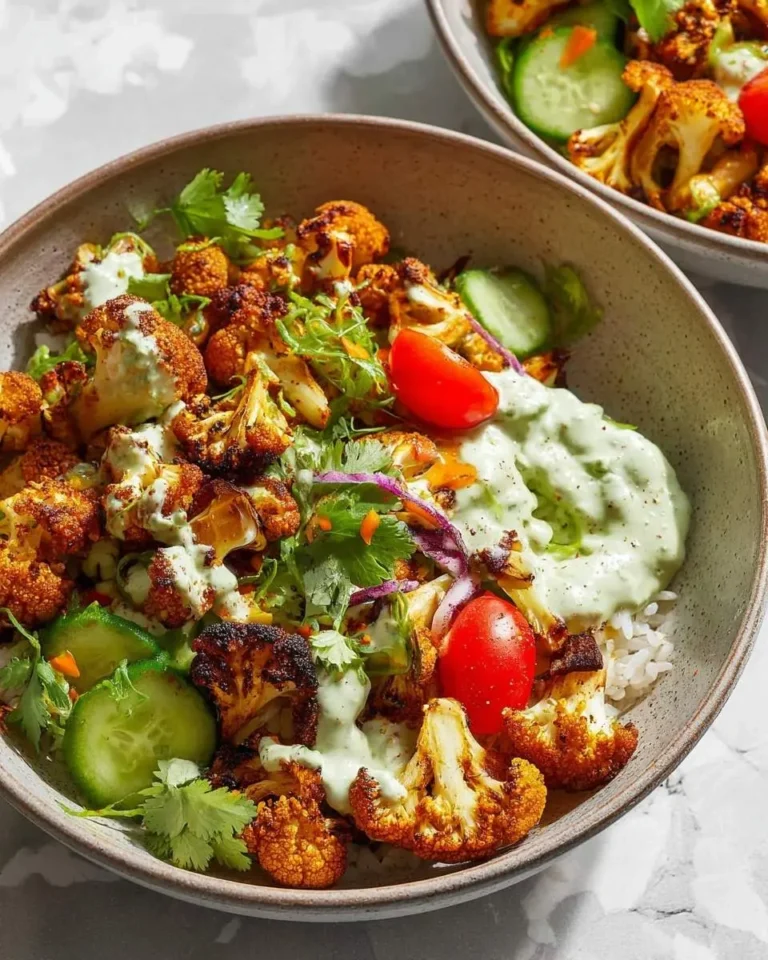 Two vibrant Cauliflower Shawarma Bowls, featuring perfectly roasted cauliflower florets, fluffy rice, cucumbers, tomatoes, cilantro, and a creamy green sauce.