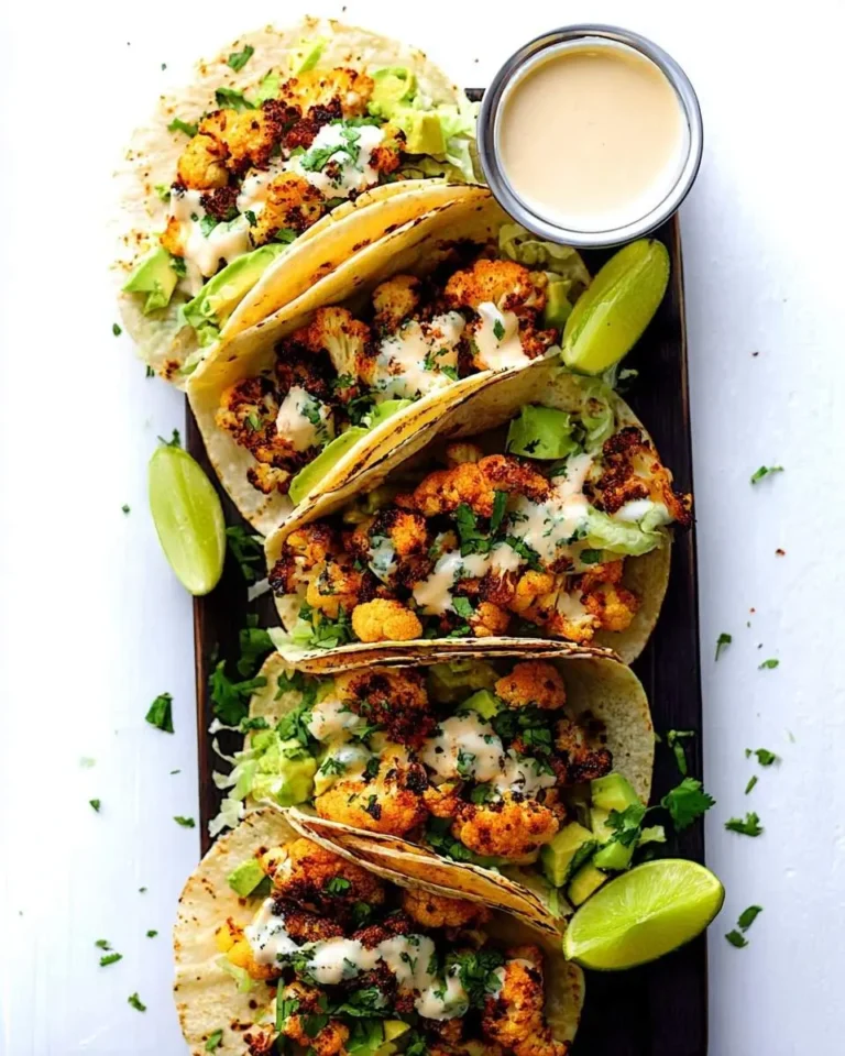 Five Cauliflower Tacos with Cilantro Lime Crema, avocado, and fresh lime wedges arranged on a dark wooden board.