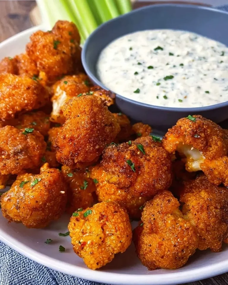 A plate filled with crispy, golden-orange cauliflower wings, garnished with fresh herbs, next to a bowl of creamy white dip and fresh green celery stalks.
