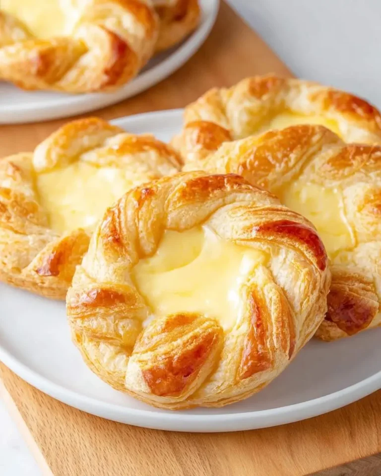 Close-up of several golden, flaky Cheese Danish pastries with creamy yellow filling on white plates and a wooden board.