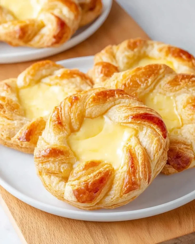 Close-up of several golden, flaky Cheese Danish pastries with creamy yellow filling on white plates and a wooden board.