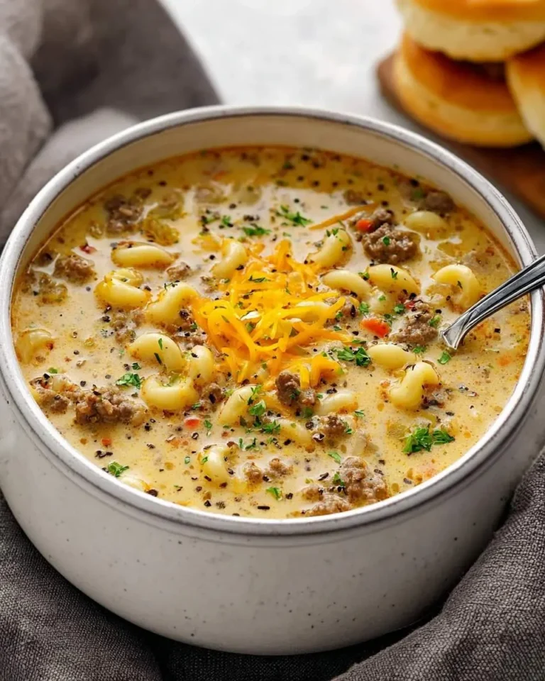 A hearty bowl of creamy Cheeseburger Soup with ground beef, elbow macaroni, shredded cheddar, and fresh parsley, served with warm buns.