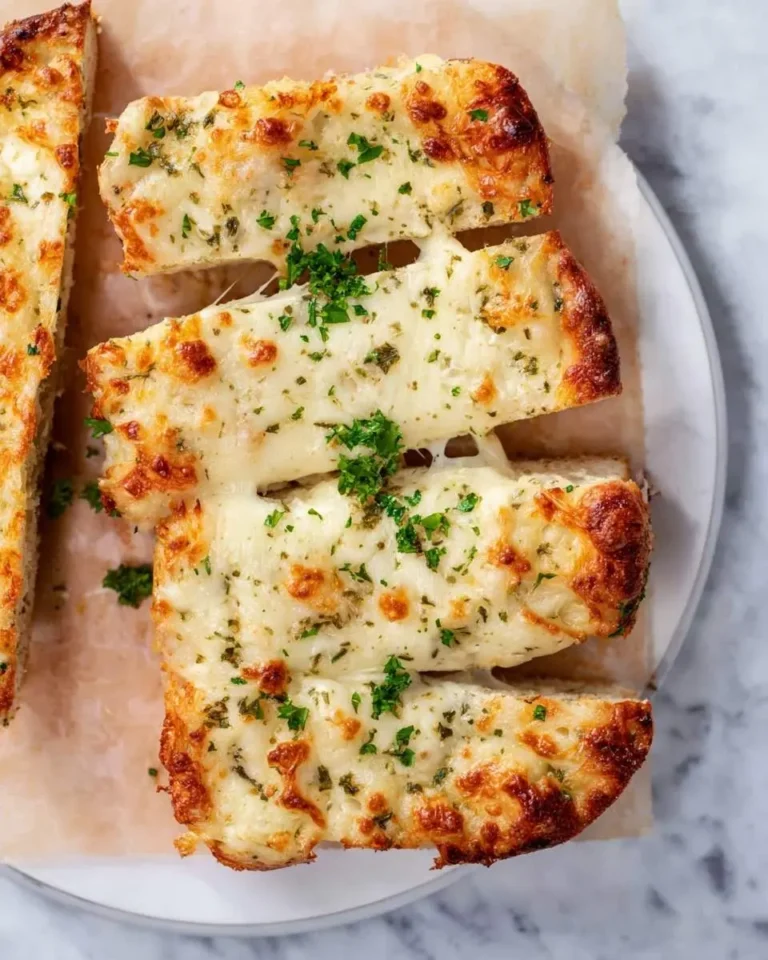 Close-up of golden Cheesy Garlic Bread slices with melted cheese and fresh parsley on a white plate.