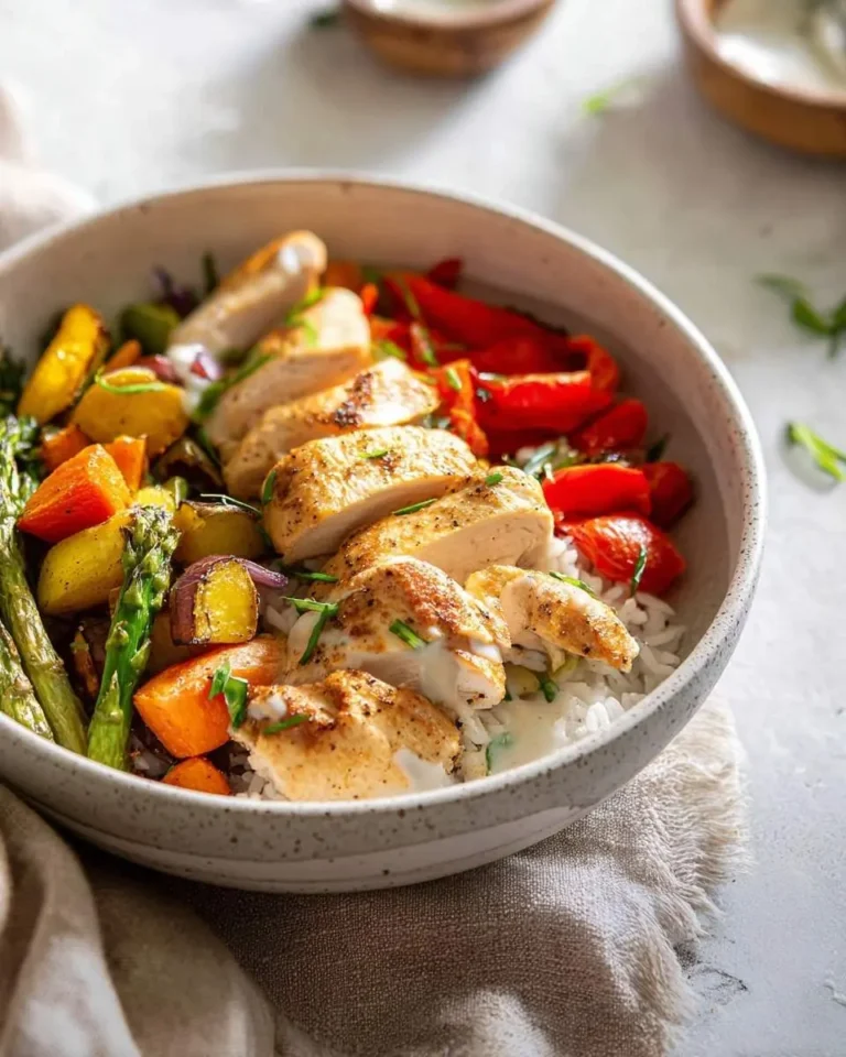 A close-up of a healthy and colorful Chicken and Roasted Vegetable Bowl with rice, creamy sauce, and fresh herbs.