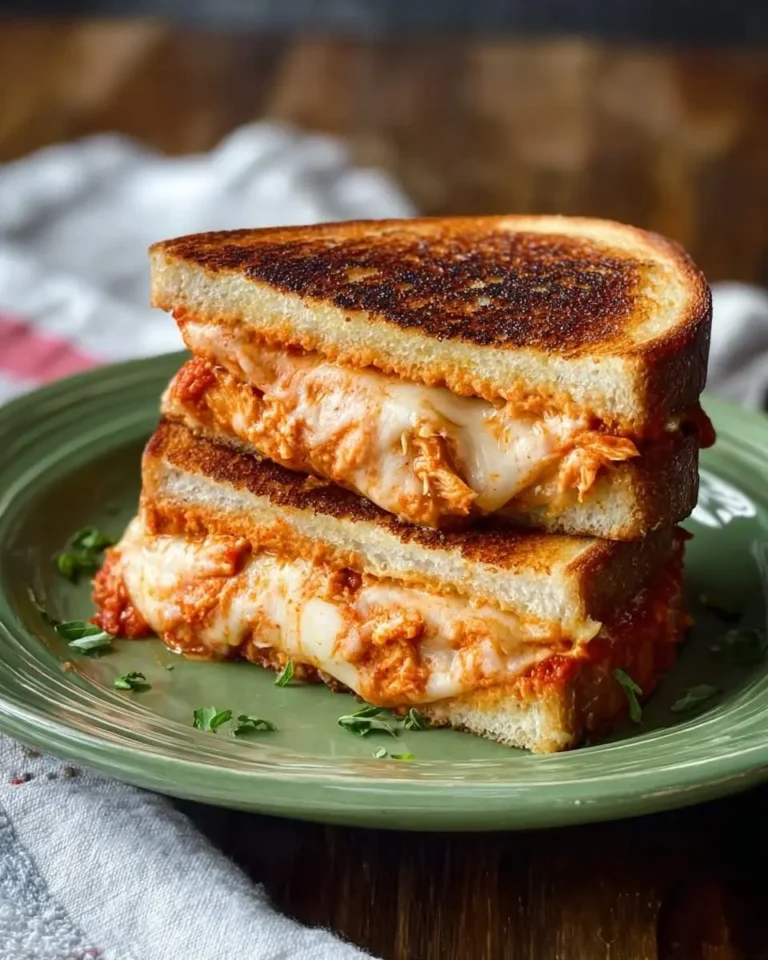 A stack of two gooey Chicken Parmesan Grilled Cheese halves on a green plate, with melted cheese and red sauce oozing out.