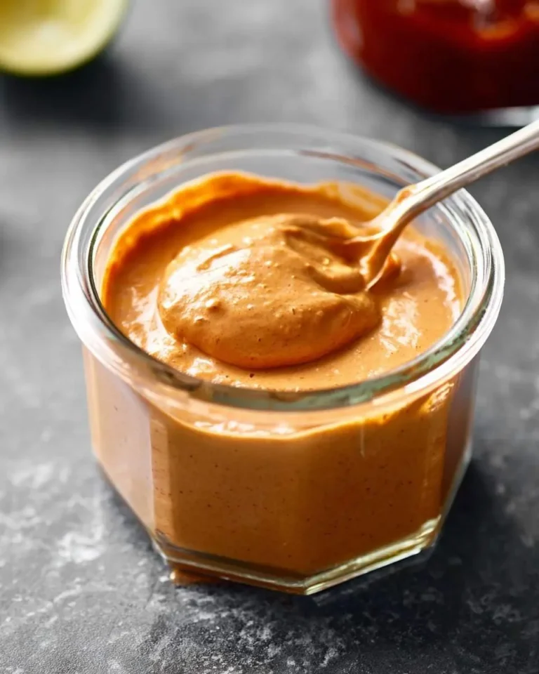 A silver spoon scoops thick, creamy Chipotle Sauce from a clear hexagonal glass jar on a dark gray surface, with a blurry lime in the background.