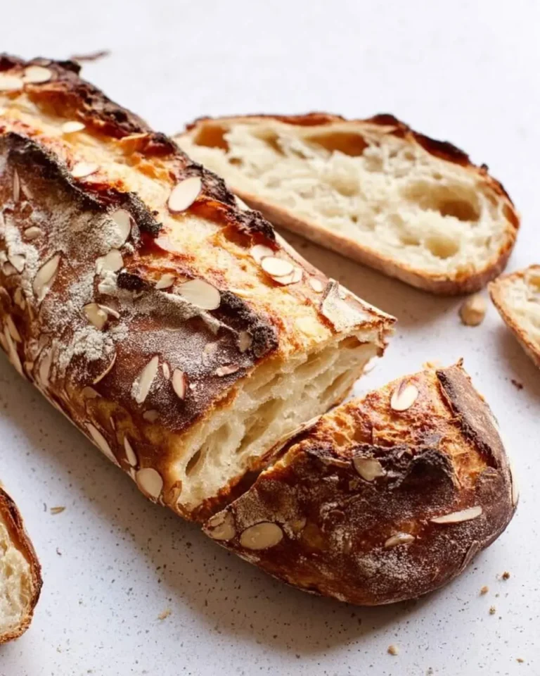 A freshly baked loaf of Chocolate Almond Sourdough Bread, sliced to reveal a light, airy interior, topped with toasted almonds.