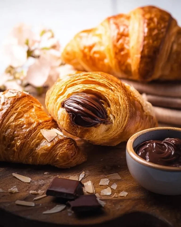 A close-up shot of two delicious Chocolate Croissants, one filled with rich melted chocolate and another topped with almonds, alongside a bowl of chocolate spread.