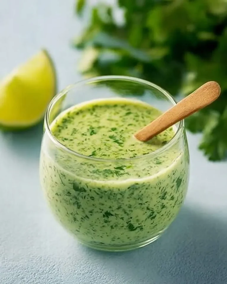 A clear glass of vibrant green Cilantro Lime Sauce with chopped herbs and a wooden spoon, alongside a fresh lime wedge.