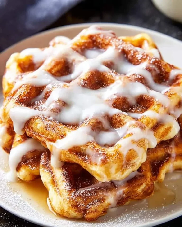 Stack of warm, golden cinnamon roll waffles generously topped with sweet white glaze and powdered sugar.