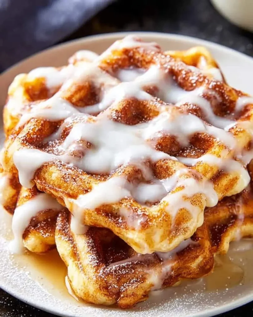 Stack of warm, golden cinnamon roll waffles generously topped with sweet white glaze and powdered sugar.