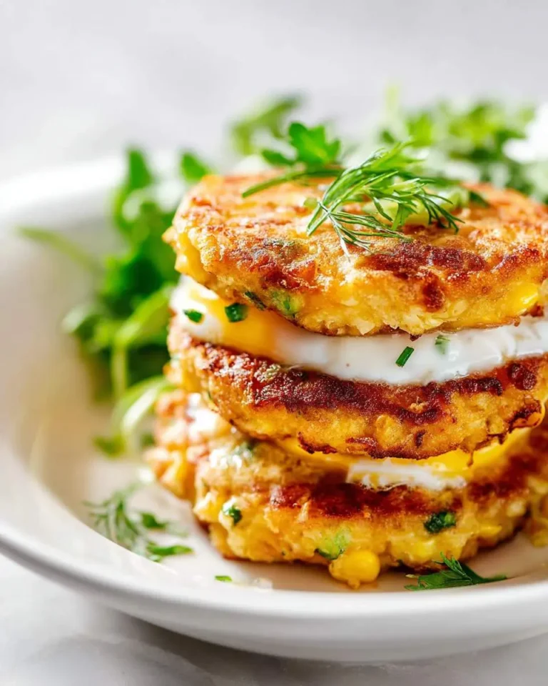 Stack of golden Corn Fritter Breakfast Sandwiches layered with runny eggs and fresh dill, served on a white plate.
