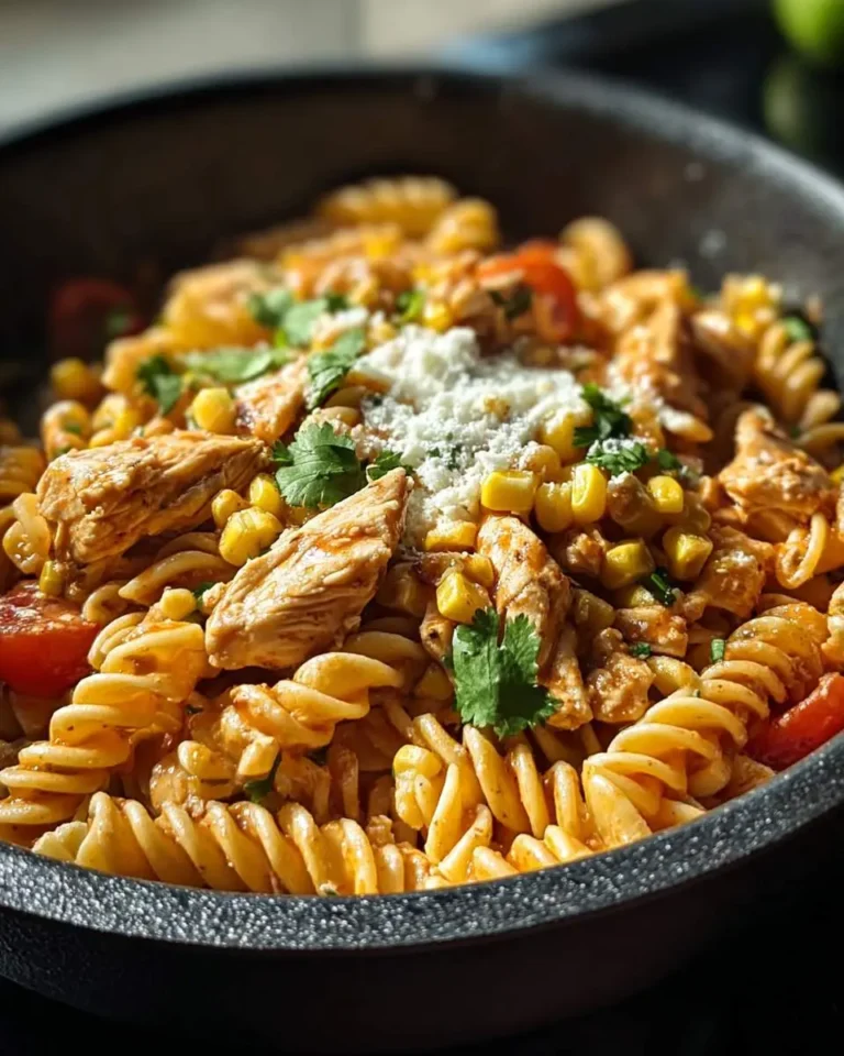 A close-up shot of a black bowl filled with savory Corn Pasta with Chicken, corn, tomatoes, and topped with crumbled cheese and cilantro.