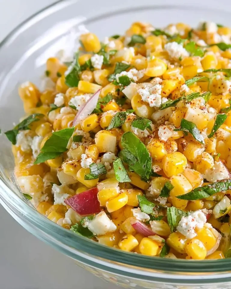 A vibrant bowl of fresh corn salad featuring golden kernels, crumbled white cheese, fresh green herbs, and red onion.