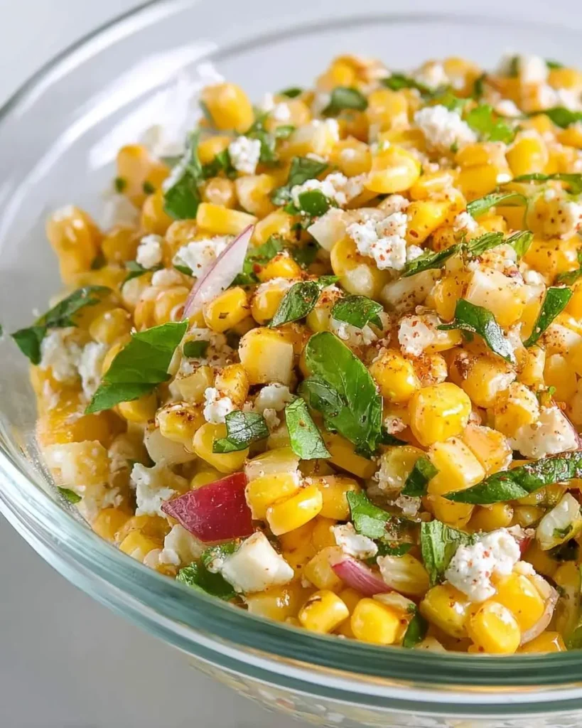 A vibrant bowl of fresh corn salad featuring golden kernels, crumbled white cheese, fresh green herbs, and red onion.