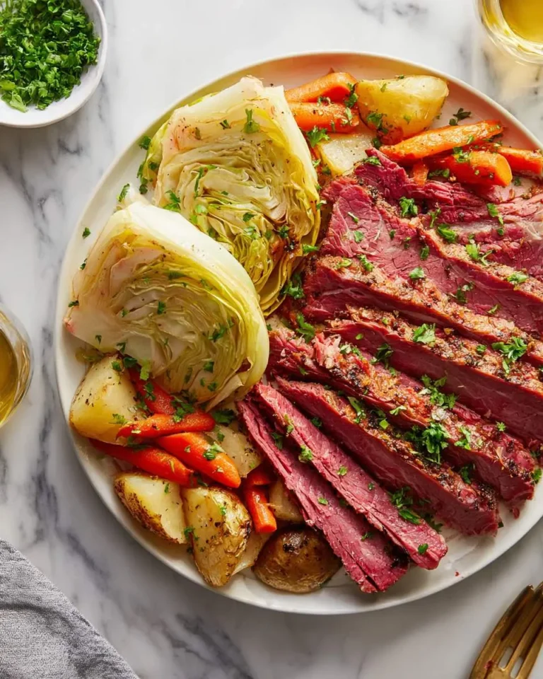 A beautifully plated meal of sliced corned beef and cabbage, roasted potatoes, and carrots, garnished with fresh parsley.
