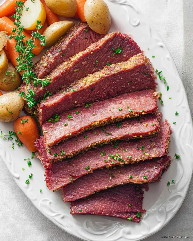 A white platter holds neatly sliced Corned Beef Brisket, garnished with herbs, alongside roasted carrots and baby potatoes.
