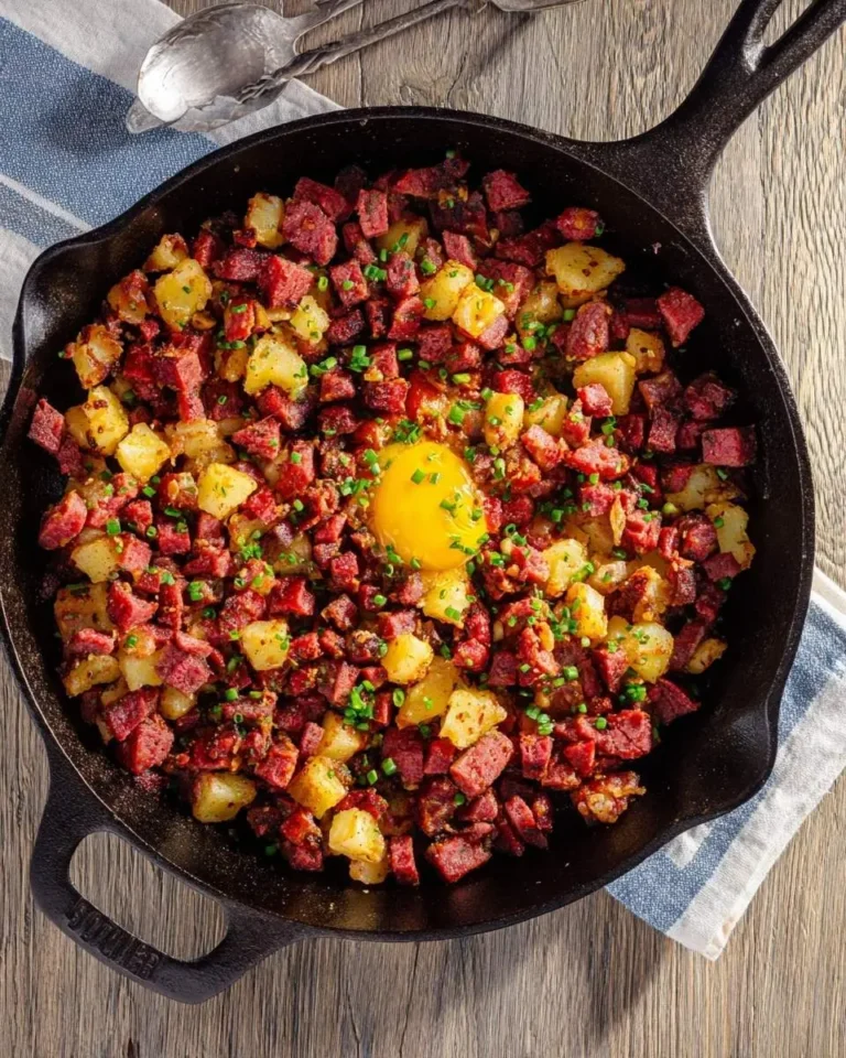 A cast iron skillet filled with golden-brown corned beef hash, diced potatoes, and a bright yellow egg yolk, garnished with chives.