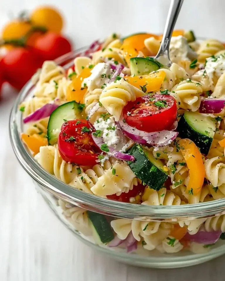 A close-up of a vibrant Cottage Cheese and Veggie Pasta Salad in a clear glass bowl with fusilli, tomatoes, cucumber, red onion, and herbs, ready to be served with a fork.