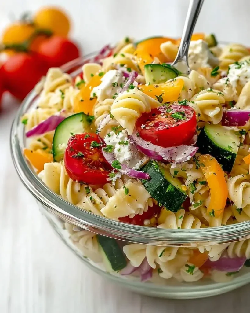 A close-up of a vibrant Cottage Cheese and Veggie Pasta Salad in a clear glass bowl with fusilli, tomatoes, cucumber, red onion, and herbs, ready to be served with a fork.