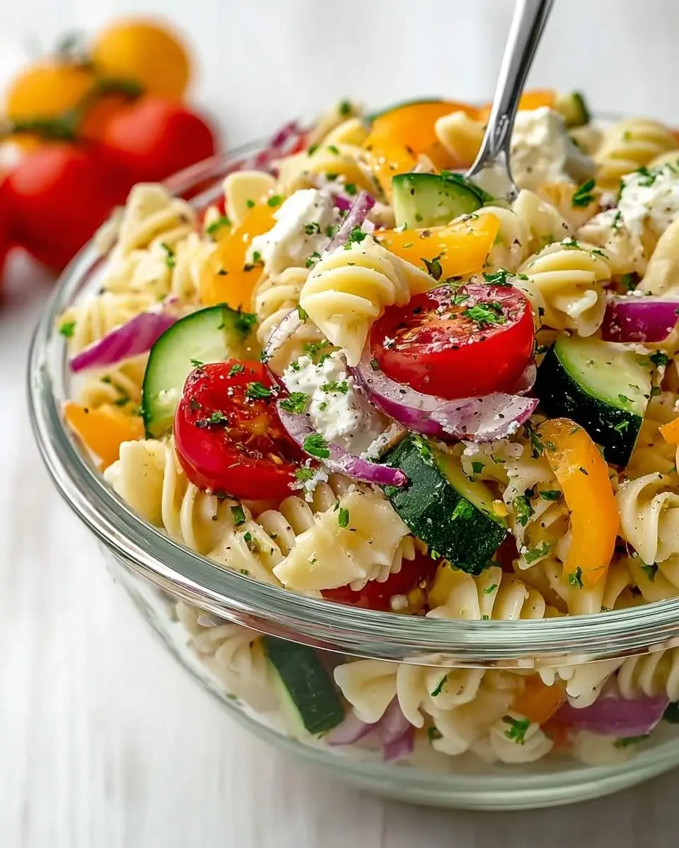 A close-up of a vibrant Cottage Cheese and Veggie Pasta Salad in a clear glass bowl with fusilli, tomatoes, cucumber, red onion, and herbs, ready to be served with a fork.