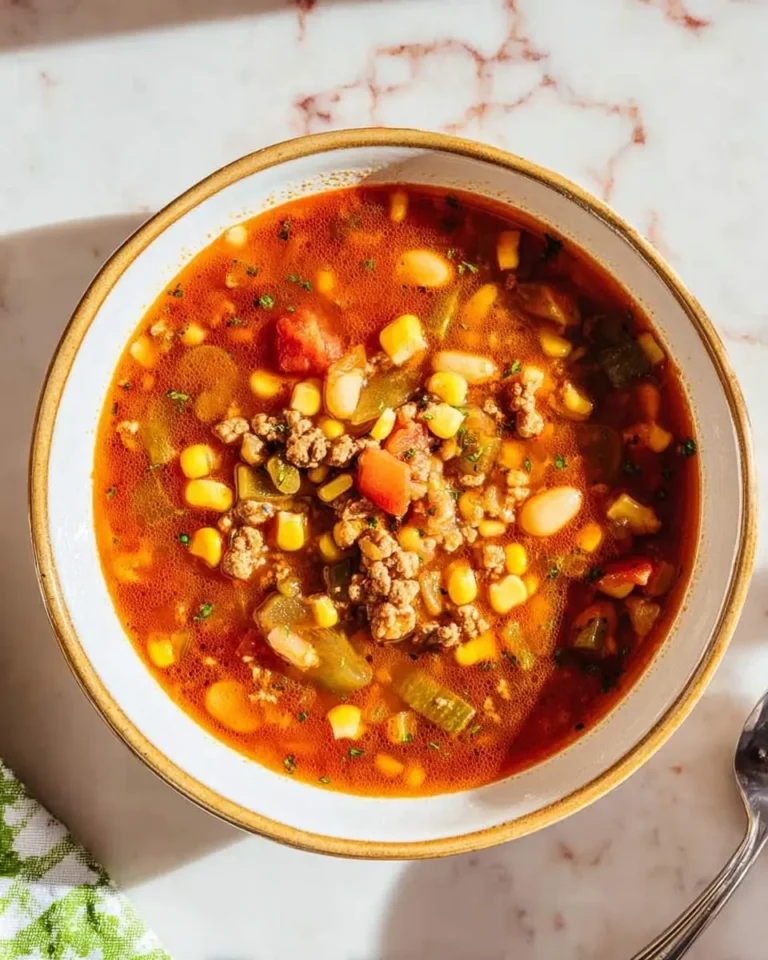 A close-up overhead shot of a rustic bowl filled with hearty Cowboy Soup, featuring ground beef, corn, white beans, and tomatoes on a marble surface.