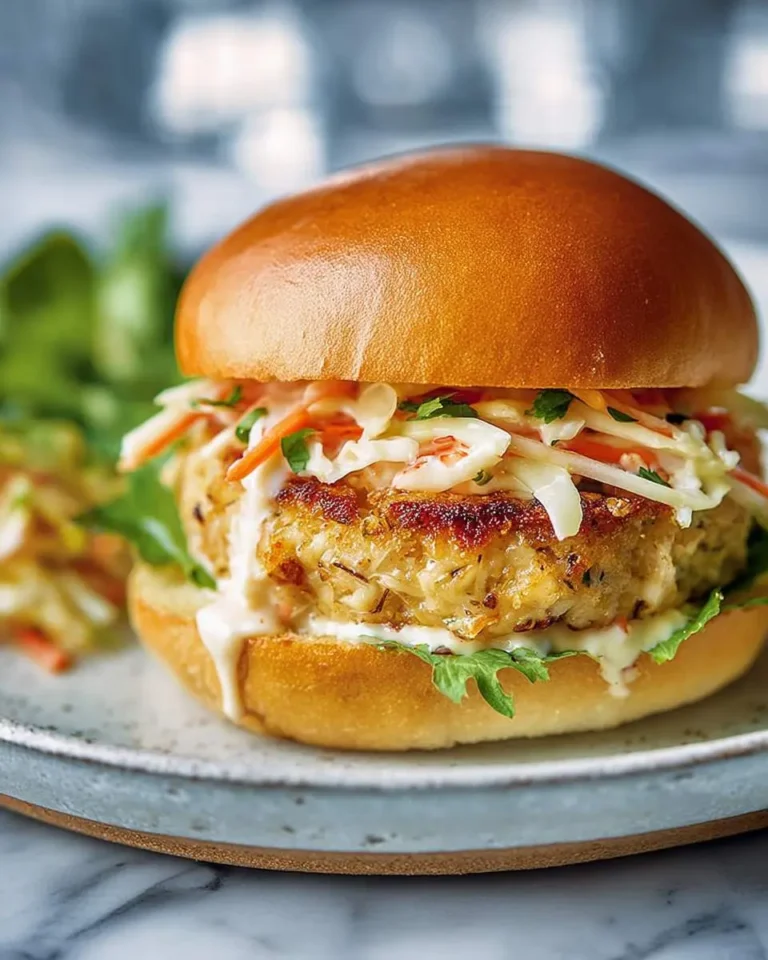 A close-up of a golden-brown Crab Cake Sandwich topped with creamy coleslaw and a savory white sauce, served on a rustic plate.