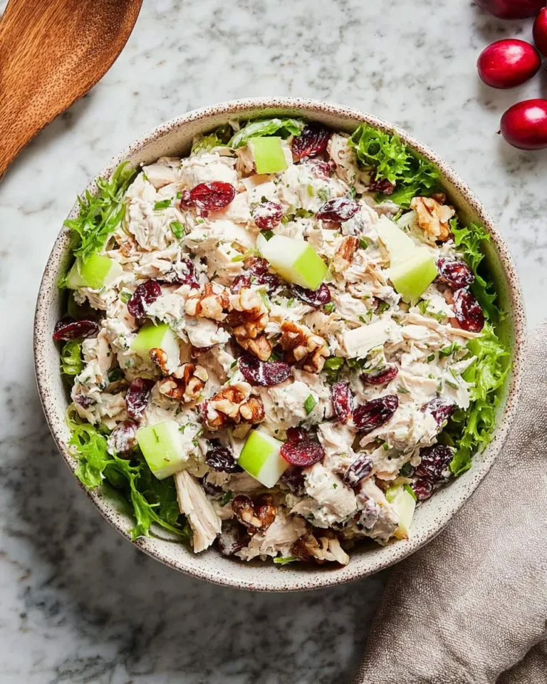 Overhead view of a bowl of Cranberry Chicken Salad featuring green apple pieces, walnuts, and dried cranberries on lettuce.