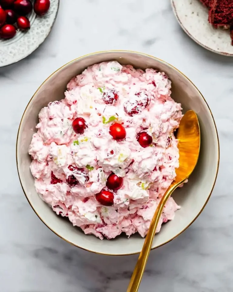 A close-up view of a large bowl filled with creamy pink Cranberry Fluff Salad, garnished with fresh cranberries and a golden spoon.