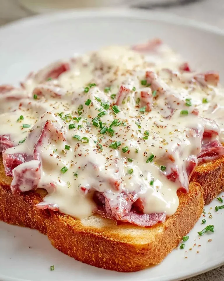 Two slices of golden toast topped with Creamed Chipped Beef and garnished with fresh chives and spices on a white plate.
