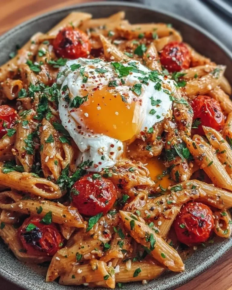 Close-up of Creamy Burrata Tomato Pasta, featuring penne, roasted tomatoes, a runny poached egg, and fresh herbs.
