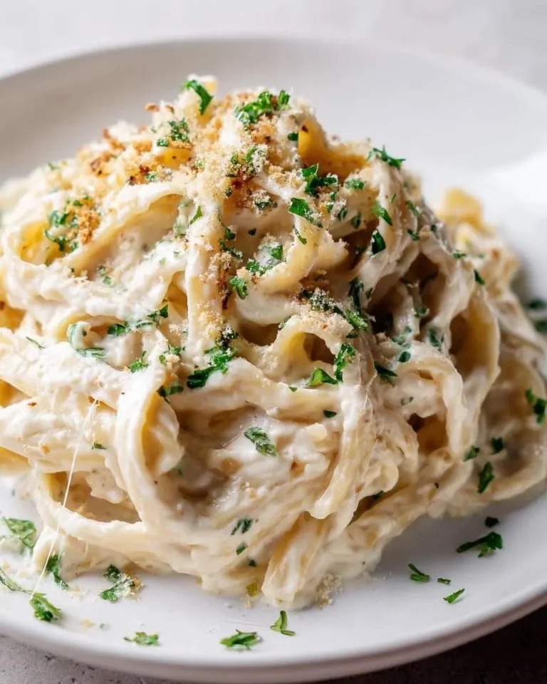 A close-up shot of Creamy Cauliflower Alfredo Pasta served on a white plate, generously garnished with fresh parsley and breadcrumbs.