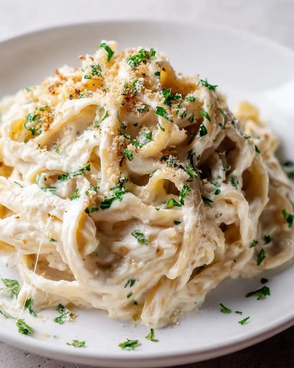 A close-up shot of Creamy Cauliflower Alfredo Pasta served on a white plate, generously garnished with fresh parsley and breadcrumbs.