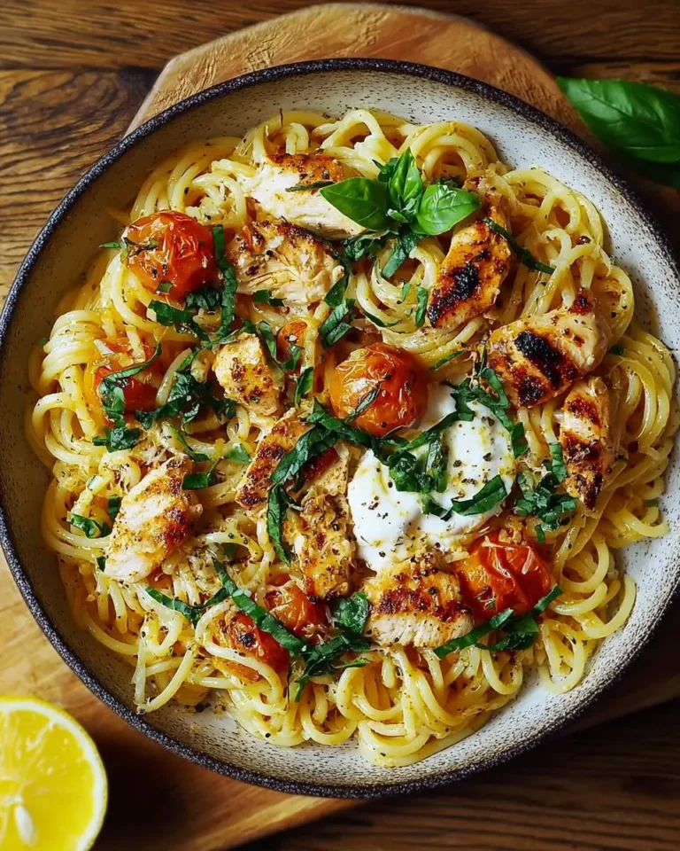 A vibrant bowl of creamy chicken burrata pasta featuring grilled chicken, roasted cherry tomatoes, fresh basil, and a dollop of burrata.
