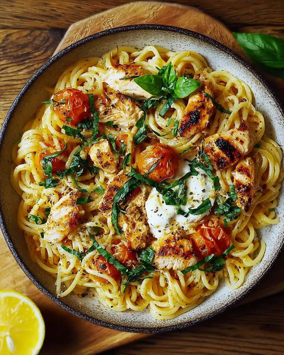 A vibrant bowl of creamy chicken burrata pasta featuring grilled chicken, roasted cherry tomatoes, fresh basil, and a dollop of burrata.