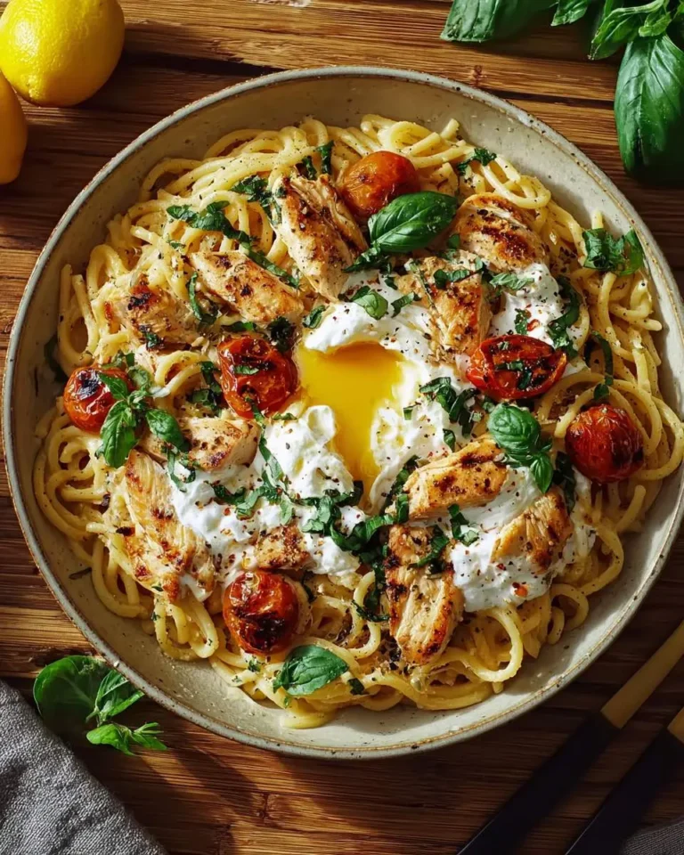 A bowl of creamy chicken burrata pasta with grilled chicken, roasted tomatoes, fresh basil, and a creamy egg yolk, on a wooden table.