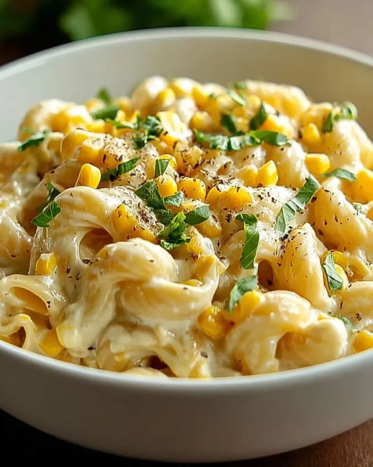 A close-up shot of a white bowl filled with creamy corn pasta, garnished with fresh herbs and black pepper.
